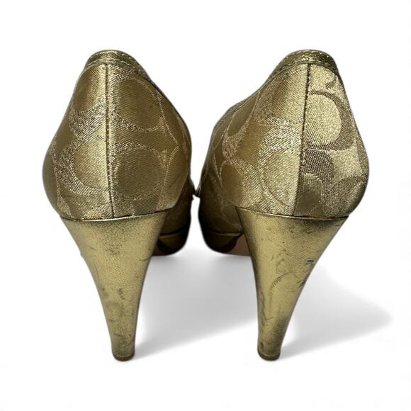 Coach Daisey Gold Platform Heels w/ Satin Bow, Peep Toe, Mono Logo, Women's 9B - Picture 6 of 12